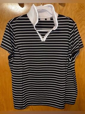 Chico’s Zenergy black and white striped jersey knit polo top Size 3 short sleeve